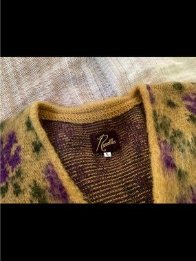 Needles men's mohair Floral Cardigan Sweater in Mustard and Purple